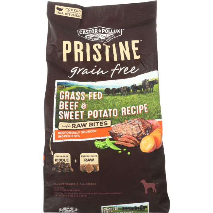 CASTOR & POLLUX: Pristine Grain Free Grass-Fed Beef & Sweet Potato Recipe With Raw Bites, 4 lb
